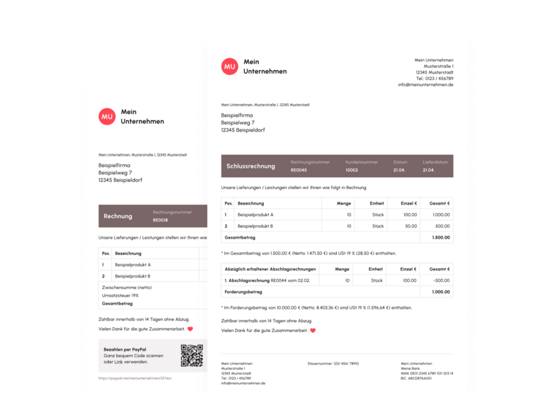Illustration einer mit Lexware Office erstellten Abschlags- und einer Schlussrechnung