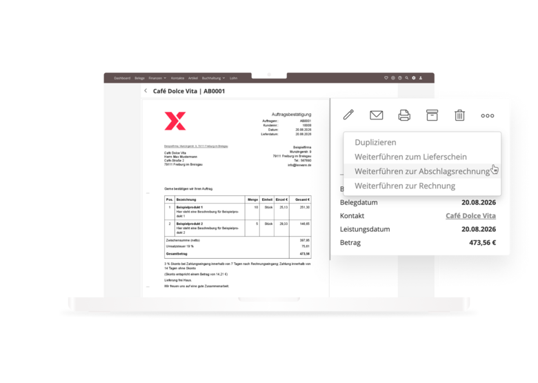 Screen von Lexware Office: Weiterführen eines Angebots zu einer Abschlagsrechnung