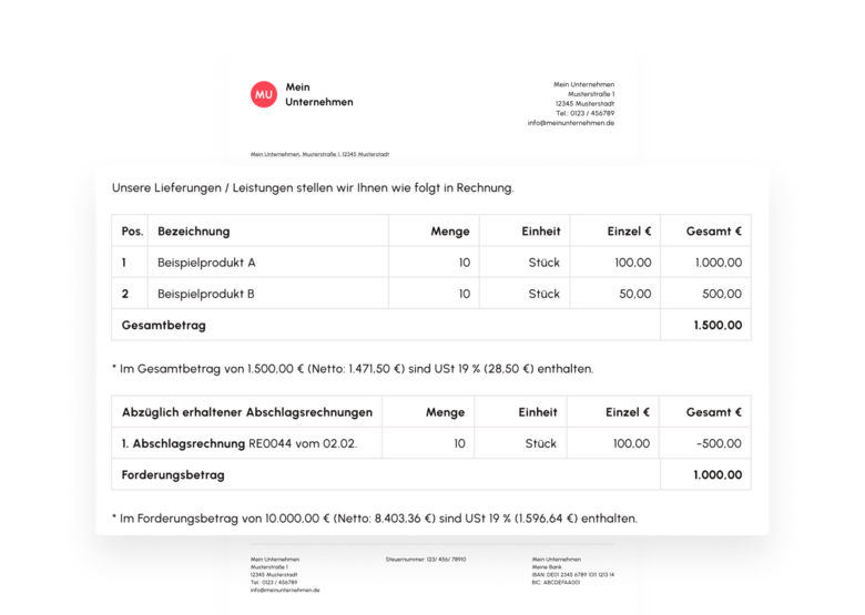 Ausschnitt aus einer mit Lexware Office erstellten Abschlagsrechnung