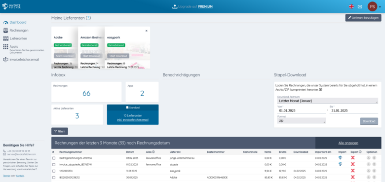 Dashboard von invoicefetcher®