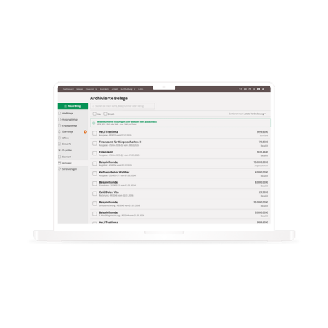 Screen von Lexware Office: Übersicht der GoBD-konform archivierten Belege
