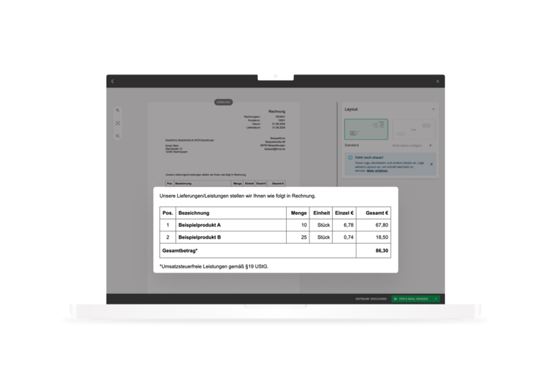 Screen von Lexware Office: Hinweis zur Kleinunternehmerregelung auf Rechnung