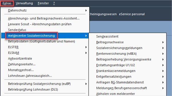 Screenshot Lexware meldecenter Menüextras